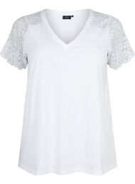 T-shirt i bomull med korta ärmar i spets, Bright White