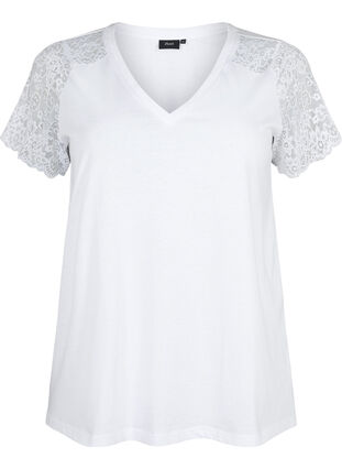 T-shirt i bomull med korta ärmar i spets, Bright White, Packshot image number 0