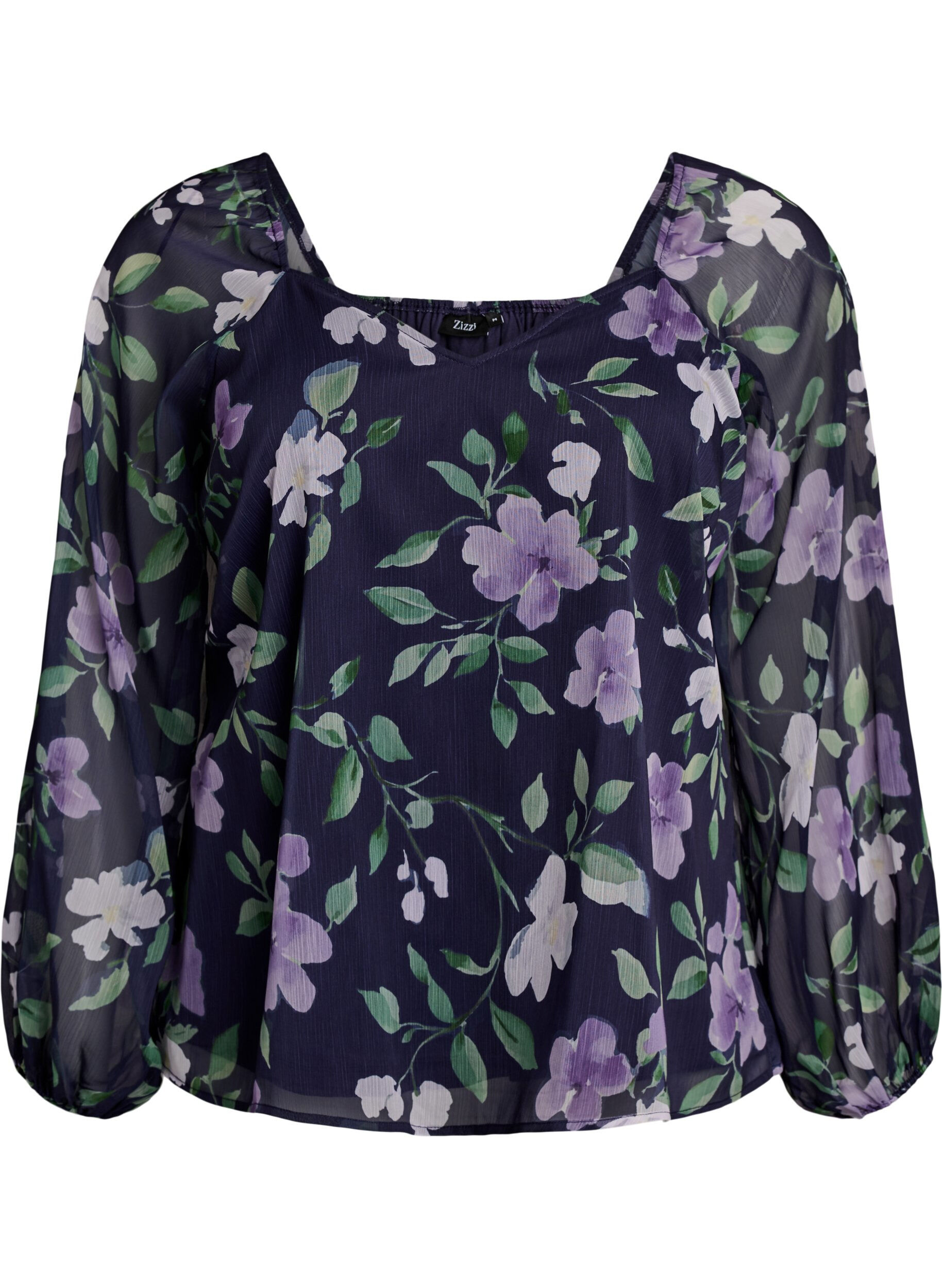 Chiffongblus med blommigt tryck och l&aring;nga &auml;rmar