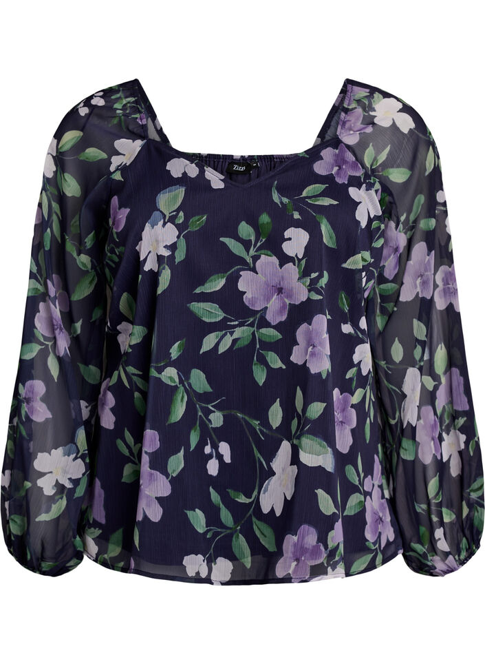 Chiffongblus med blommigt tryck och l&aring;nga &auml;rmar, Bl&aring;, Packshot image number 0