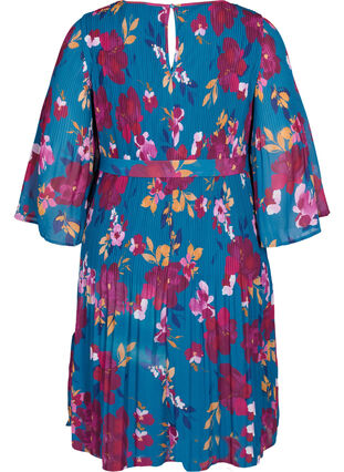 Mönstrad plisserad klänning med knytband, Blue Coral Flower, Packshot image number 1