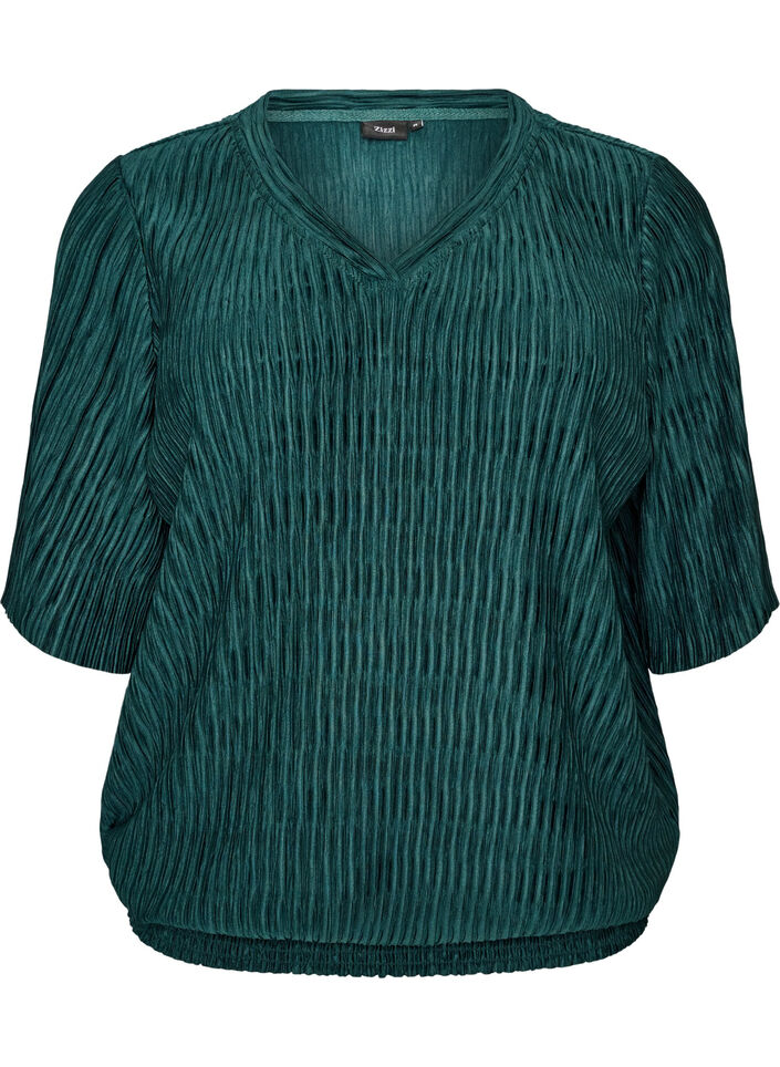 Blus med v&aring;gig struktur och ballongform, Gr&ouml;n, Packshot image number 0