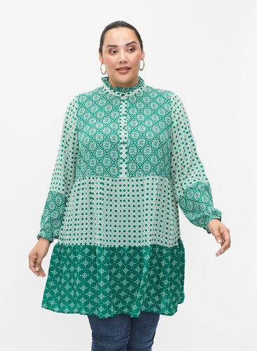 A-linjeformad klänning med mönster och skärning, Green AOP, Model image number 0