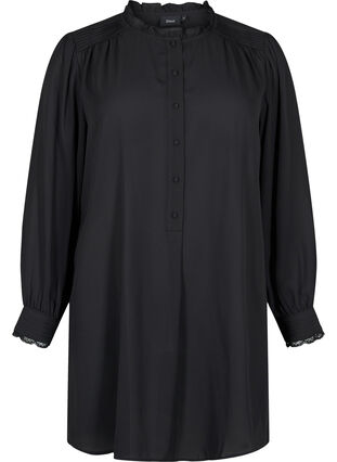 Tunika med volangkrage och långa ärmar, Black, Packshot image number 0