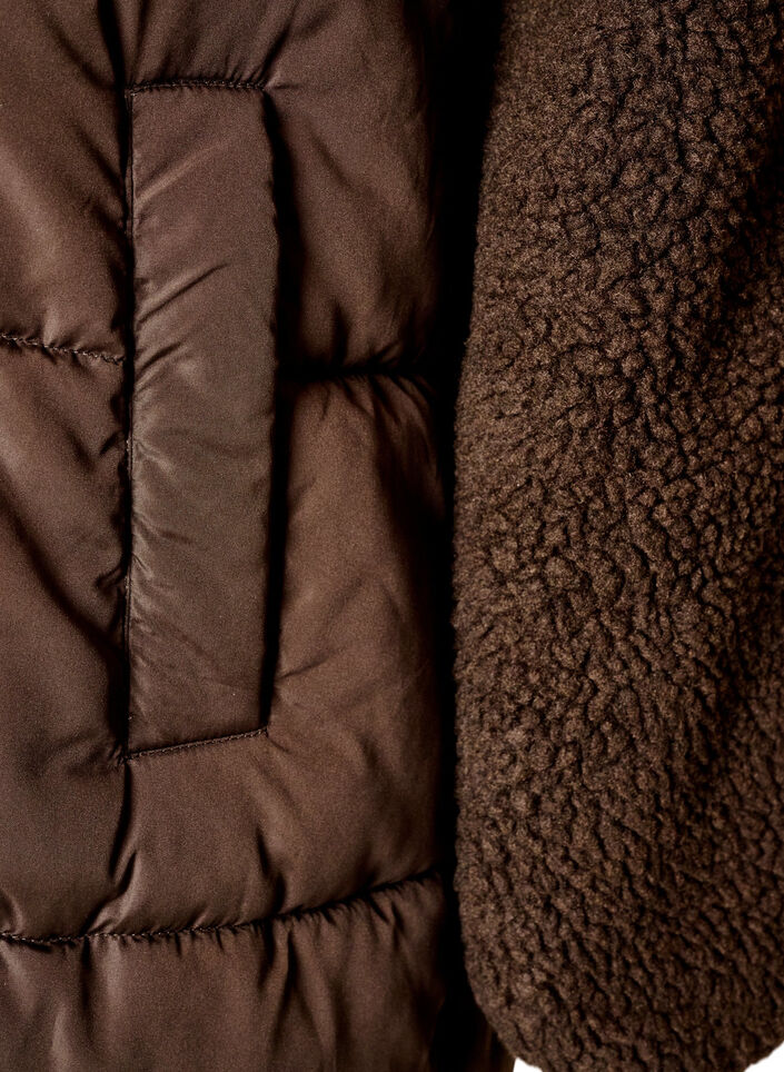 Halvl&aring;ng pufferjacka med teddyfleece, Brun, Packshot image number 3