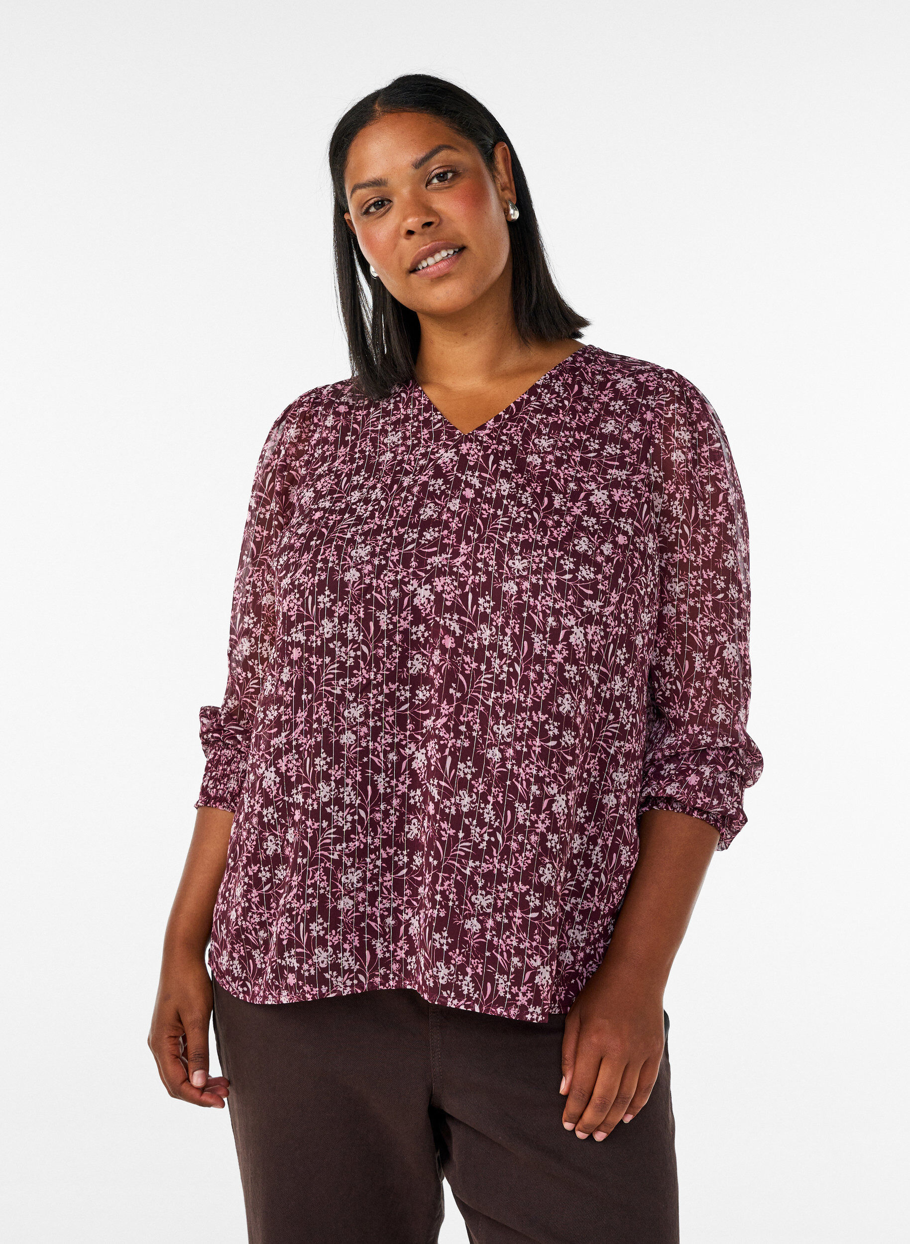 ZizziBlus med blomm&ouml;nster och glittertr&aring;d, R&ouml;d, Model image number 0