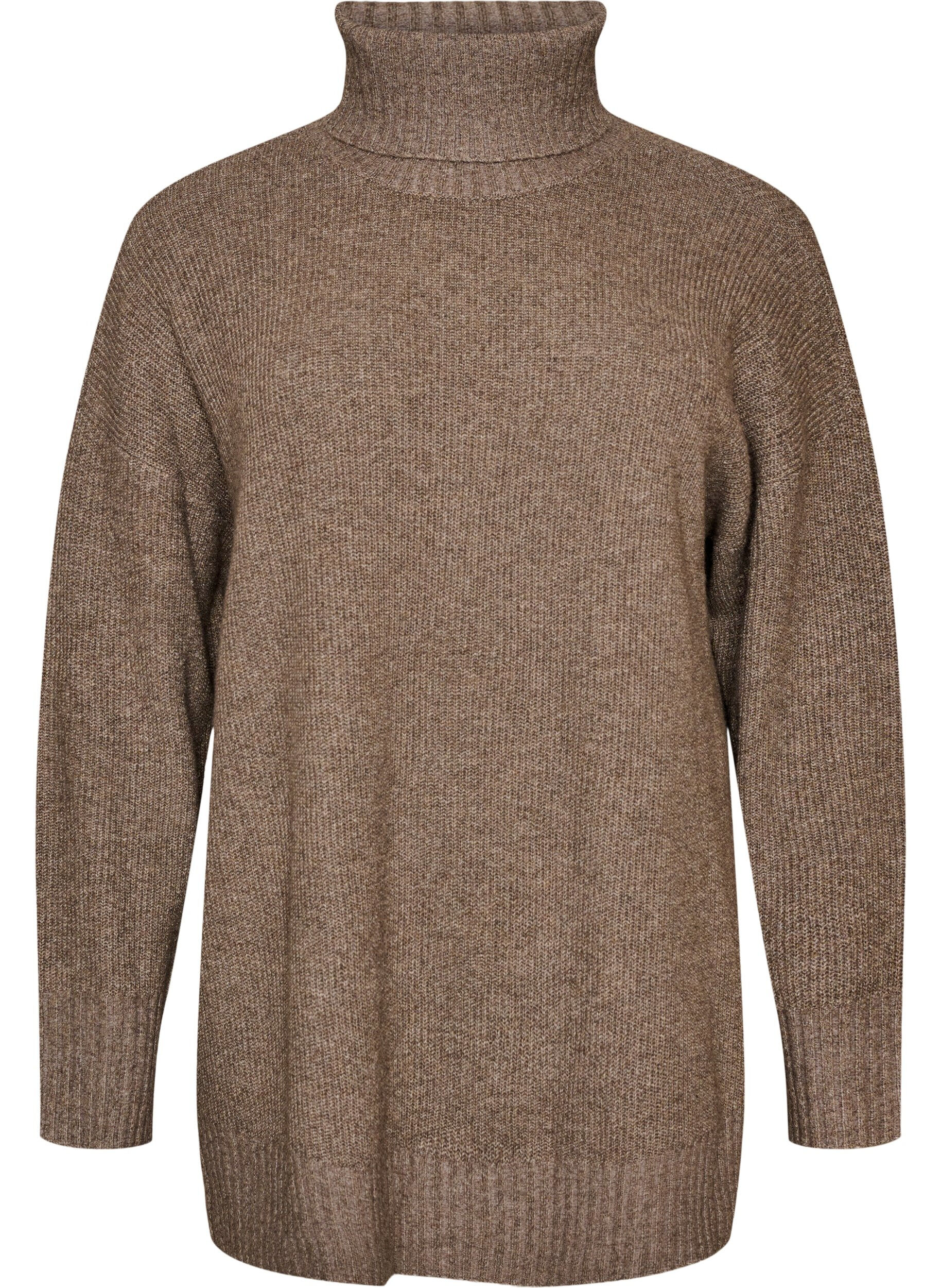 ZizziL&ouml;st stickad tr&ouml;ja med polokrage, Brun, Packshot image number 0