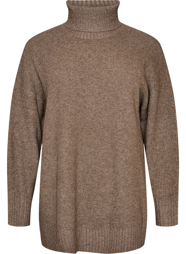 L&ouml;st stickad tr&ouml;ja med polokrage, Brun, Packshot image number 0