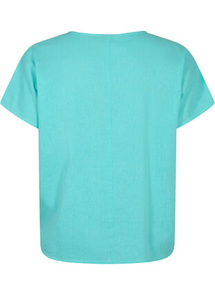 Kortärmad blus i bomullsmix med linne, Turquoise, Packshot image number 1