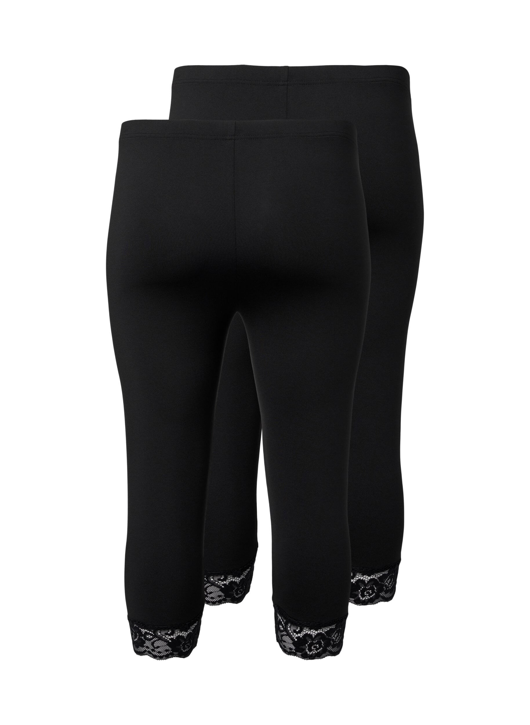 Zizzi 2-pack 3/4-leggings med spetskant, Black / Black, Packshot image number 1