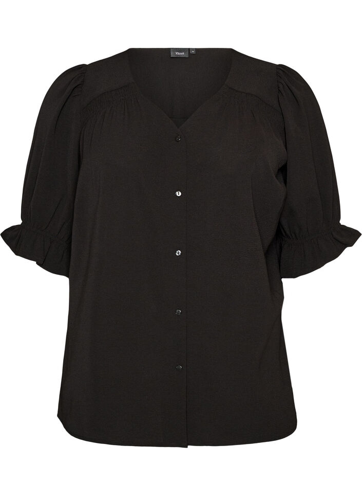 Skjortblus med halvl&aring;nga &auml;rmar, Svart, Packshot image number 0