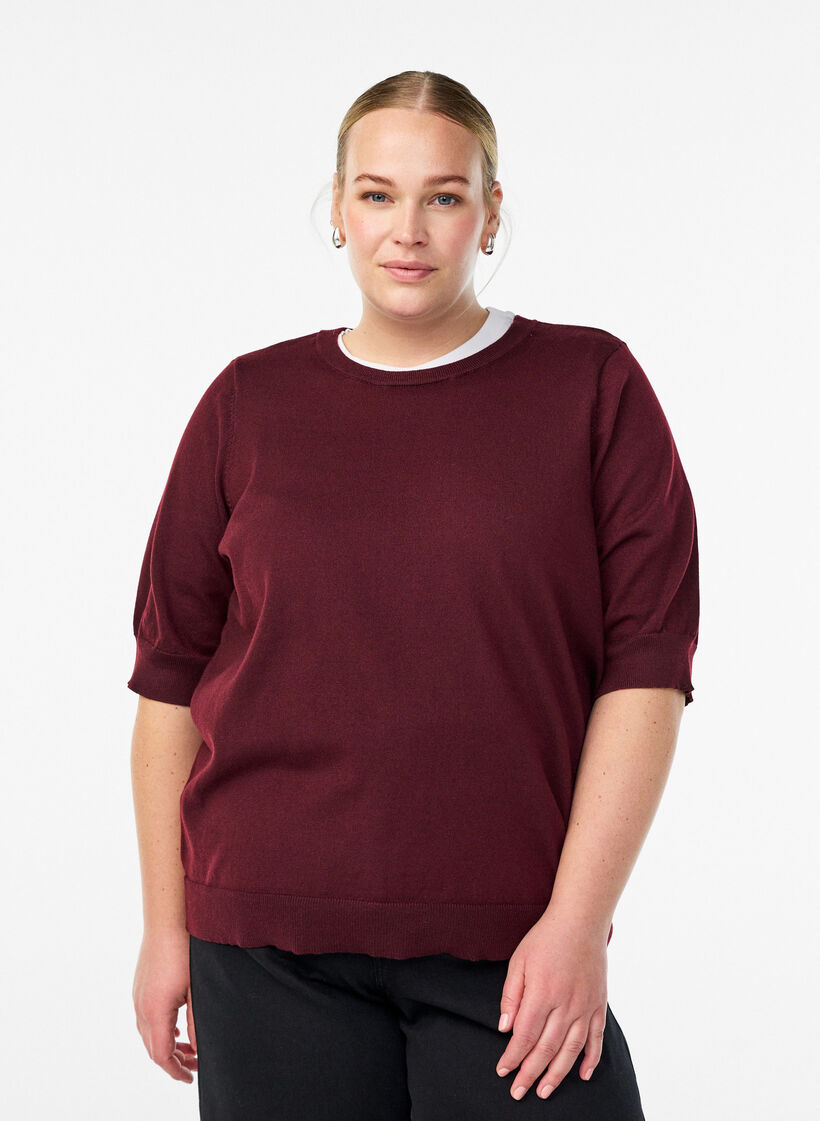 Finstickad blus med korta &auml;rmar, R&ouml;d, Model image number 0