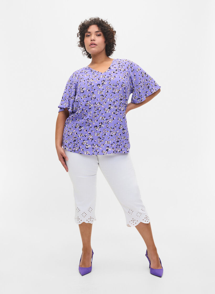 Blommig viskosblus med snördetalj, Lilac Flower Print, Model image number 3
