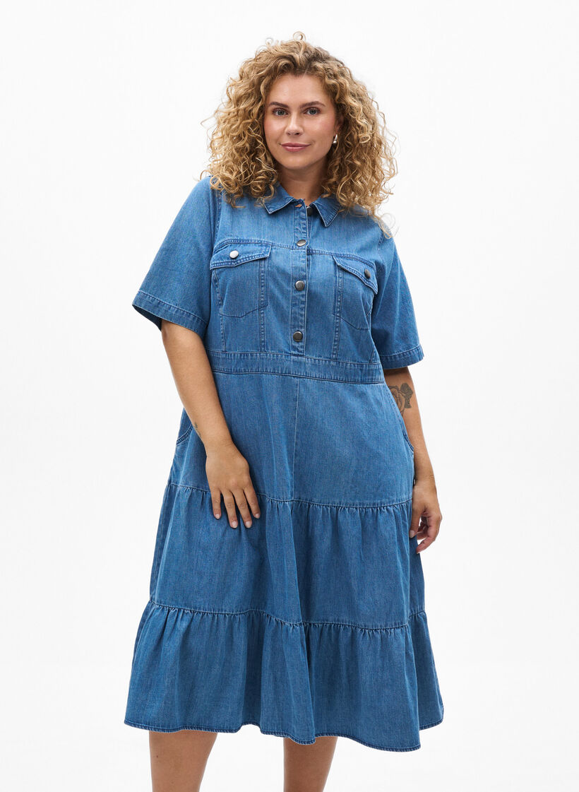 Jeanskjol i midil&auml;ngd med knappar och korta &auml;rmar, Bl&aring;, Model image number 0