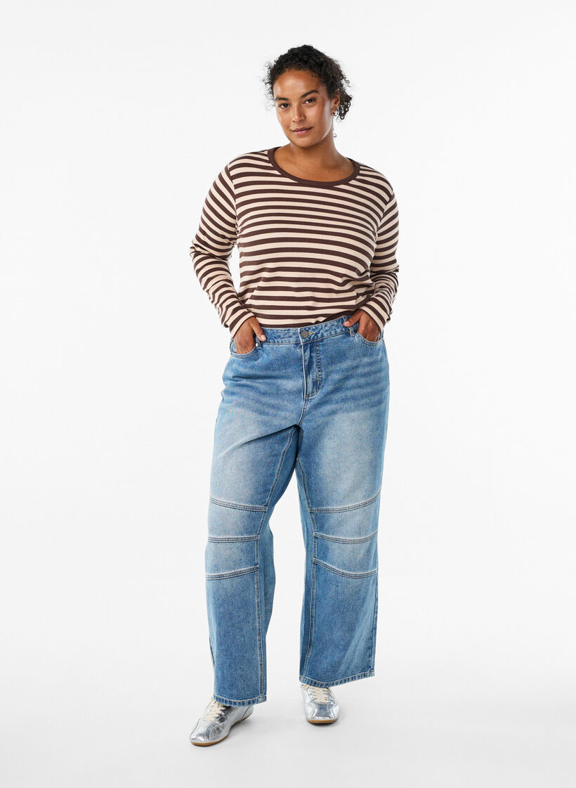 Randig blus med l&aring;nga &auml;rmar, Brun, Model image number 1
