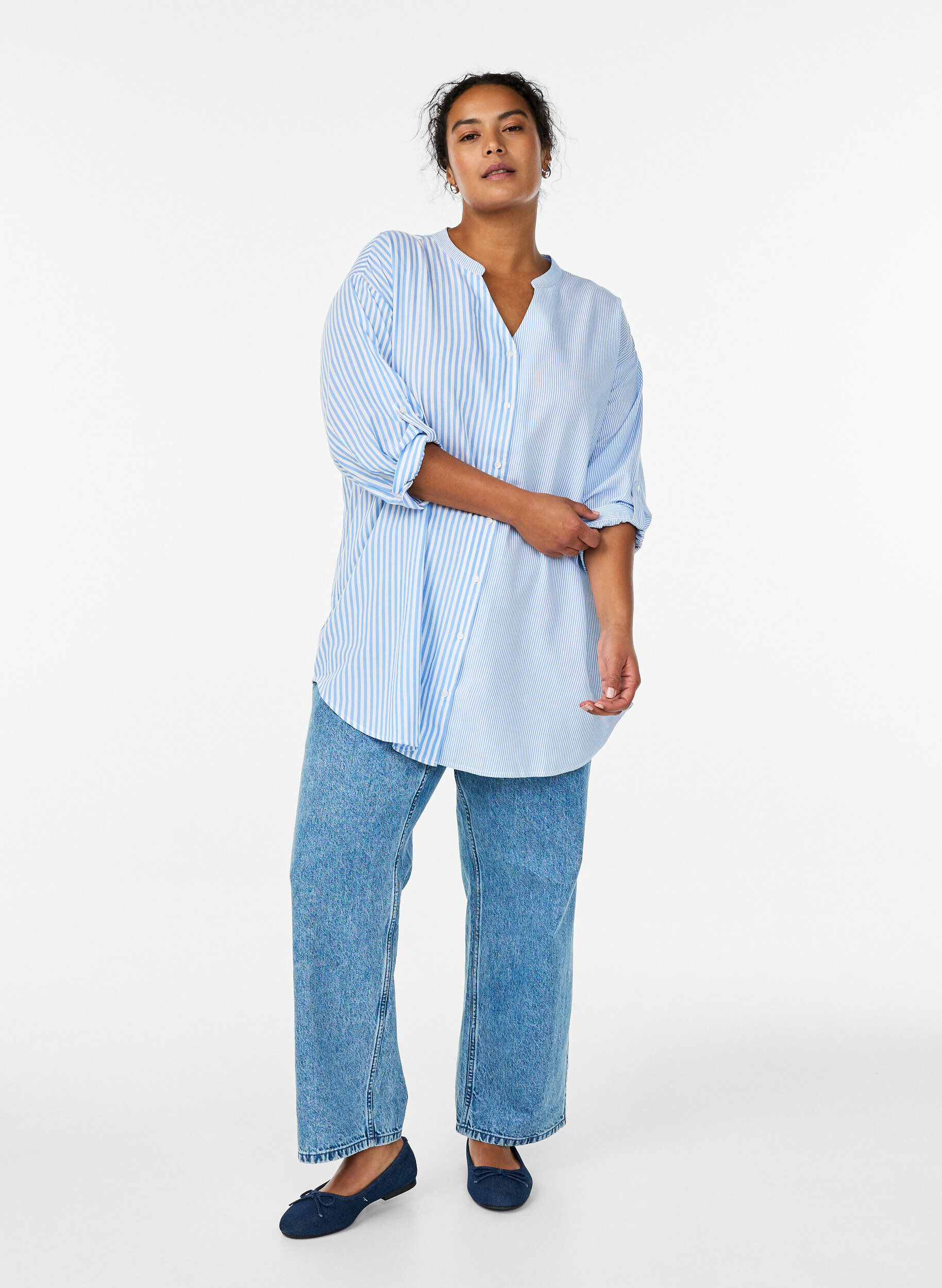 Zizzi Randig tunika med trekvarts&auml;rmar, Bl&aring;, Model image number 1