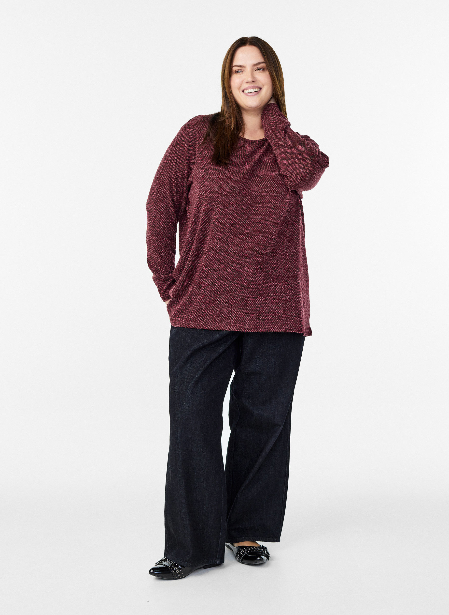ZizziL&aring;ng&auml;rmad blus med textur, M&ouml;rk Bordeaux, Model image number 1