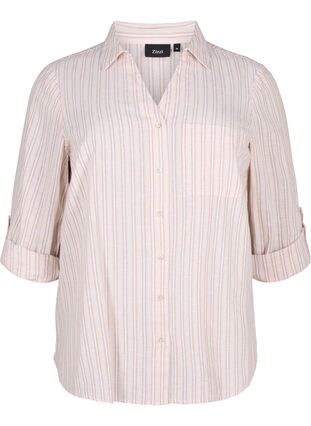 Skjortblus med knäppning i bomulls- och linneblandning, Sandshell White, Packshot image number 0