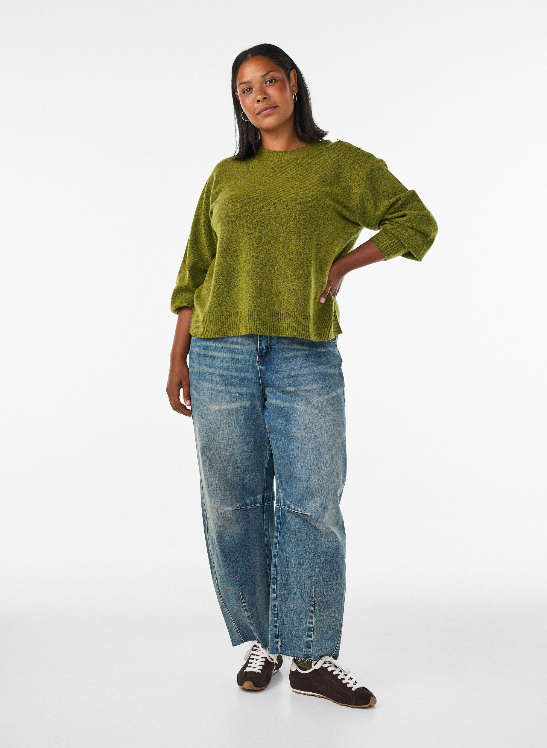 ZizziStickad blus med knappdetalj, Gr&ouml;n, Model image number 1