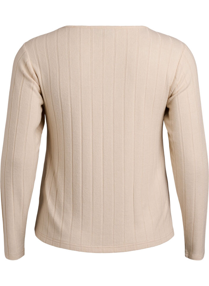 Jerseyblus med fyrkantig halsringning och ribbad textur, Beige, Packshot image number 1