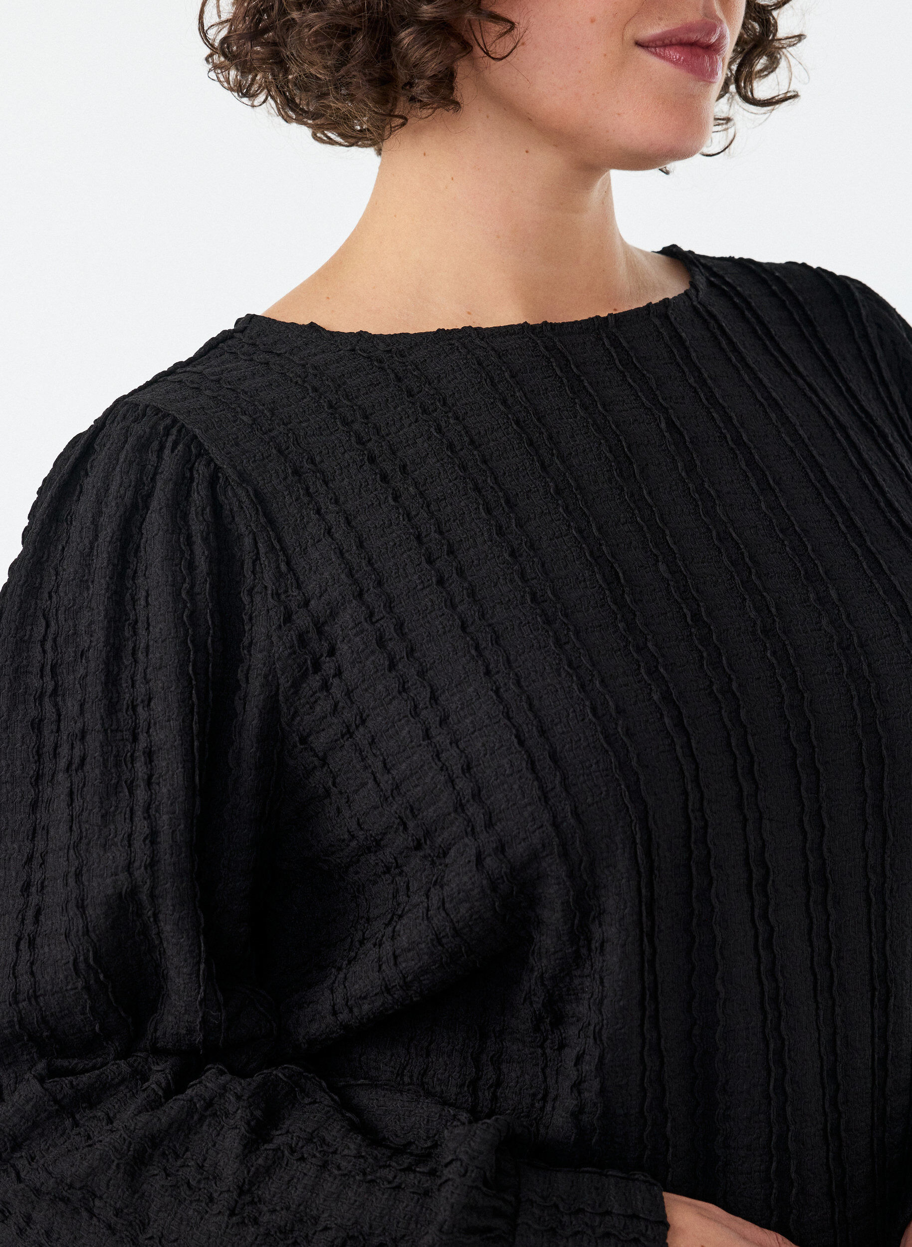 ZizziJerseyblus med struktur och ballongsilhuett, Svart, Model image number 3