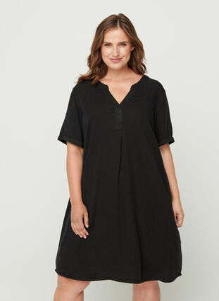 Kortärmad klänning i lyocell, Black, Model image number 0
