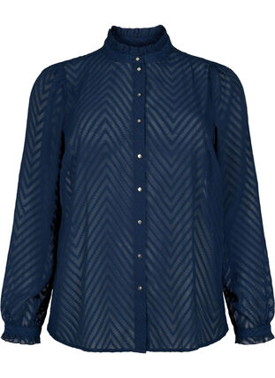 Skjortblus med volanger och mönstrad textur, Navy Blazer, Packshot image number 0