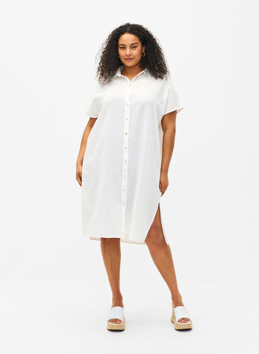 Lång skjorta i bomullsblandning med linne, Bright White, Model image number 0