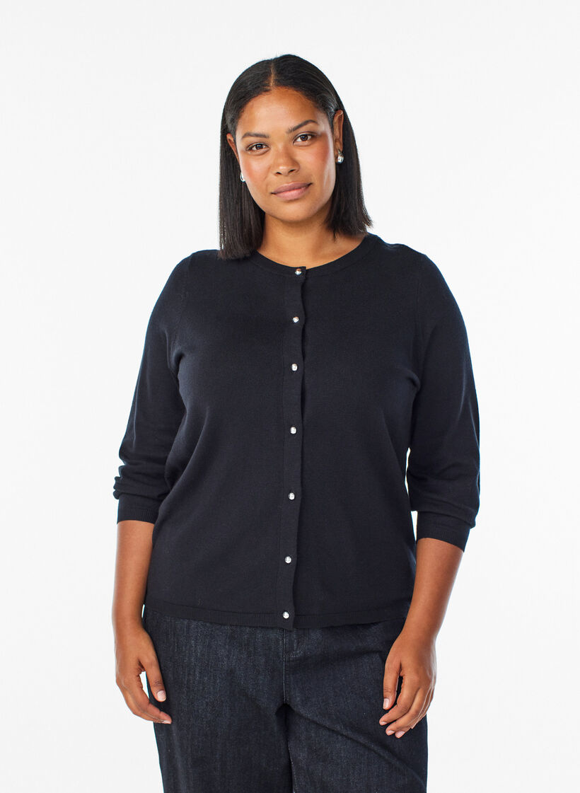 Cardigan med runda knappar, Svart, Model image number 0