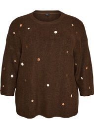 Stickad blus med sm&aring; broderade motiv, Brun