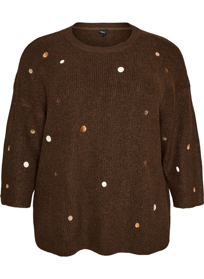 Stickad blus med sm&aring; broderade motiv, Brun, Packshot image number 0