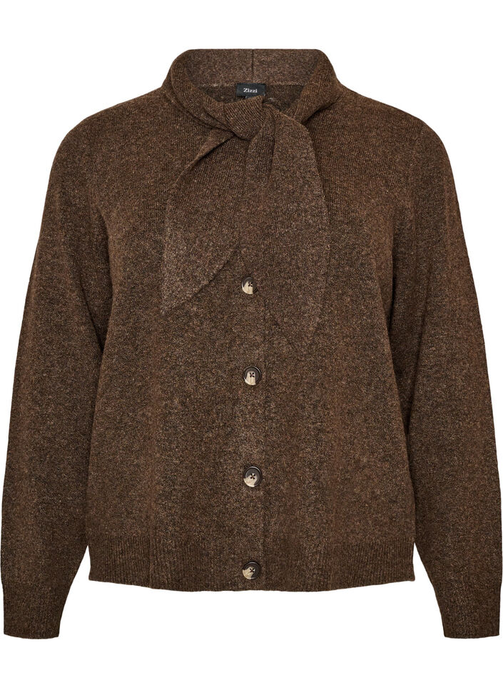 Cardigan med knytband och knappar, Brun, Packshot image number 0