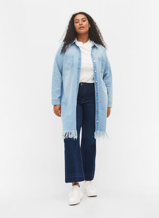 Jeansklänning med fransar och knappar framtill, Light blue denim, Model image number 2