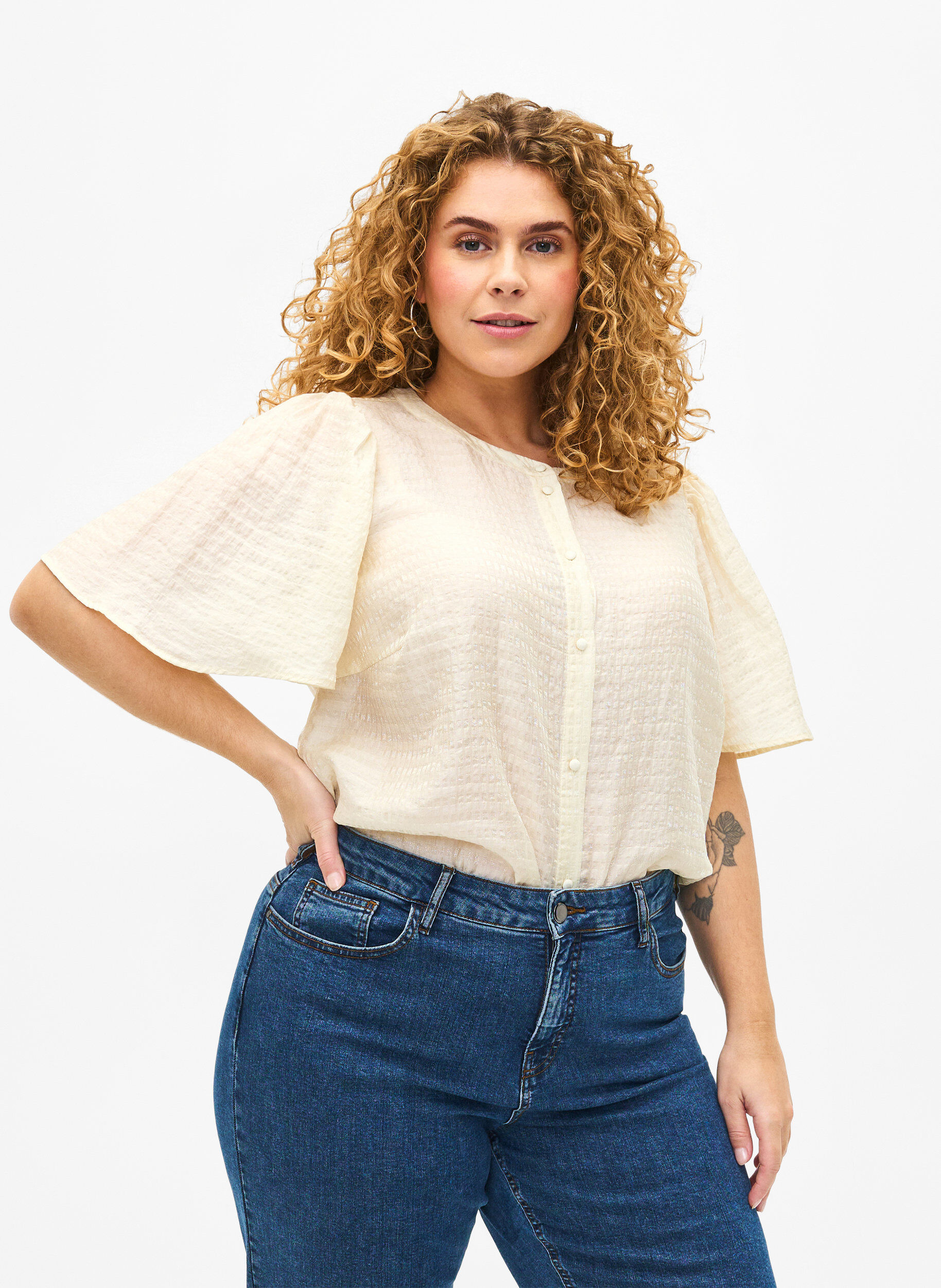 Zizzi Lyocell skjortblus med struktur, Antique White, Model image number 0