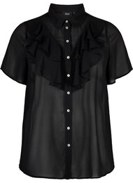 Kortärmad skjortblus med volanger, Black
