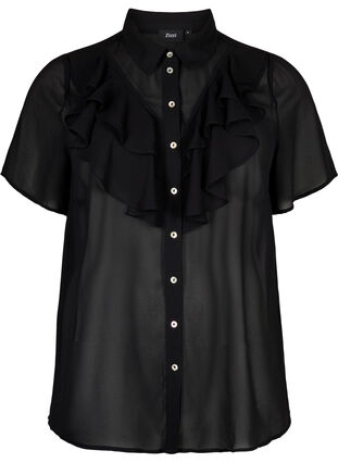 Kortärmad skjortblus med volanger, Black, Packshot image number 0