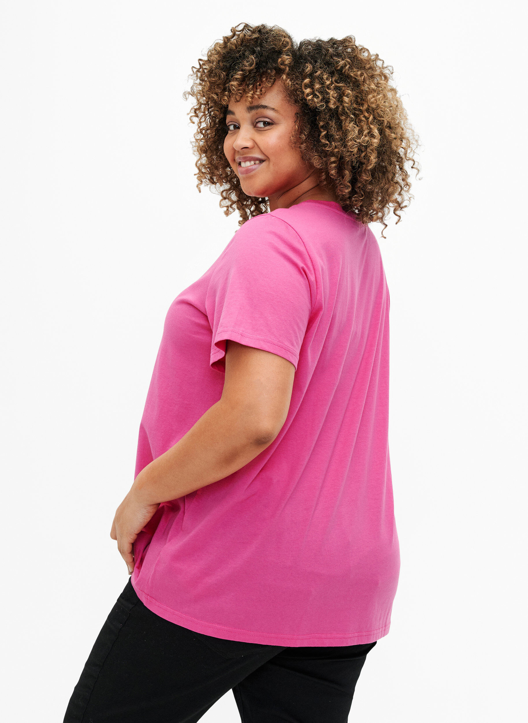 Zizzi T-shirt i bomull med guldf&auml;rgad text, R.Sorbet w.Gold Love, Model image number 1