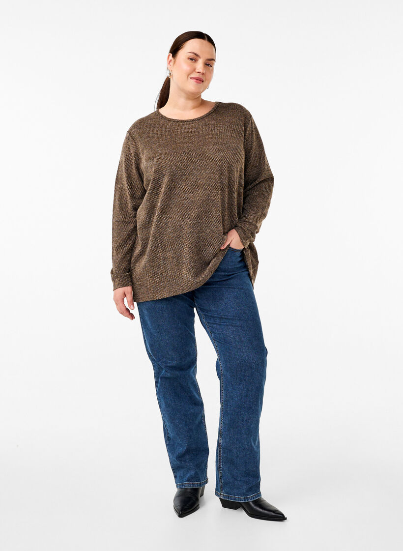 Melange blus med rund halsringning och långa ärmar, Caribou, Model image number 2