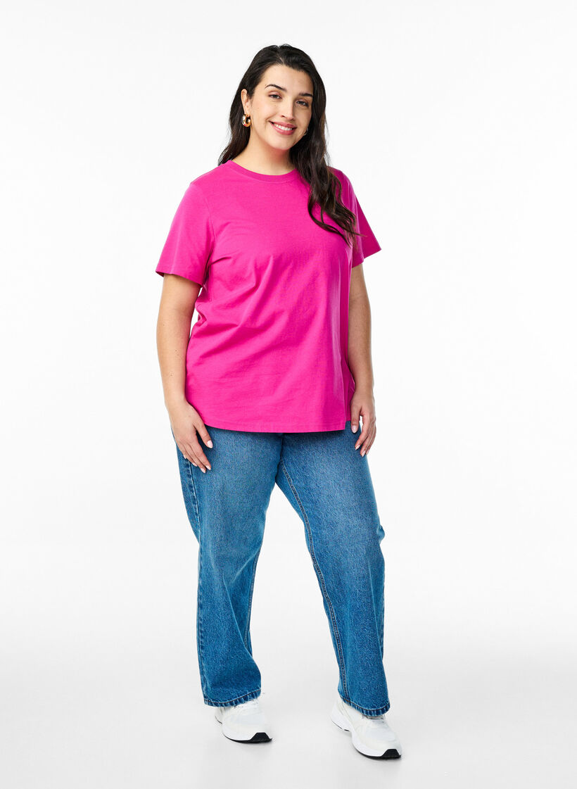 Enkel t-shirt i bomull med rund halsringning, Rosa, Model image number 1