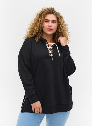 Sweatshirt med huva och kontrastfärgad dragsko, Black, Model image number 0