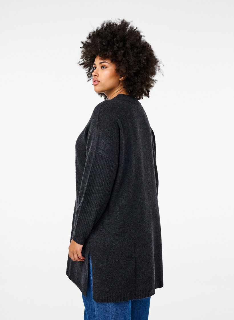 Lång stickad blus med långa ärmar, Dark Grey Melange, Model image number 1