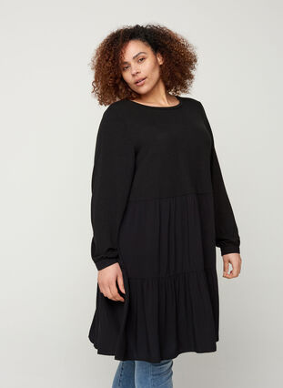 A-linjeformad klänning med långa ärmar, Black, Model image number 0
