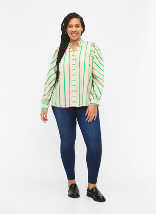 Randig blus av bomullskjortmodell med volangkrage, Beige Green Stripe, Model image number 2