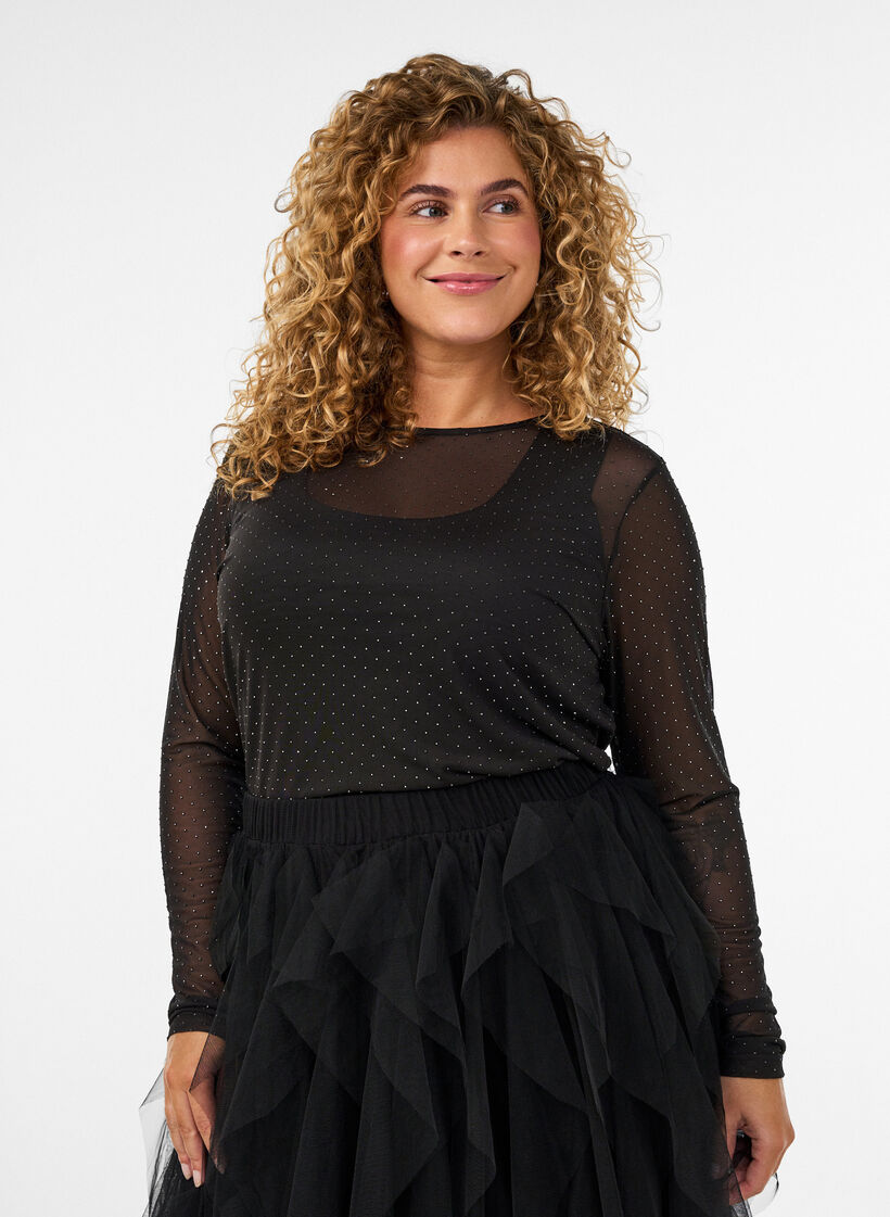 Blus i skir mesh med strass, Svart, Model image number 0