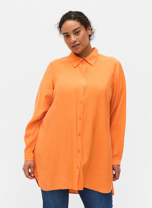 Lång skjorta i viskos, Celosia Orange, Model image number 0