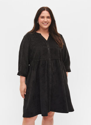 Klänning med 3/4-ärmar och knappar, Black, Model image number 0