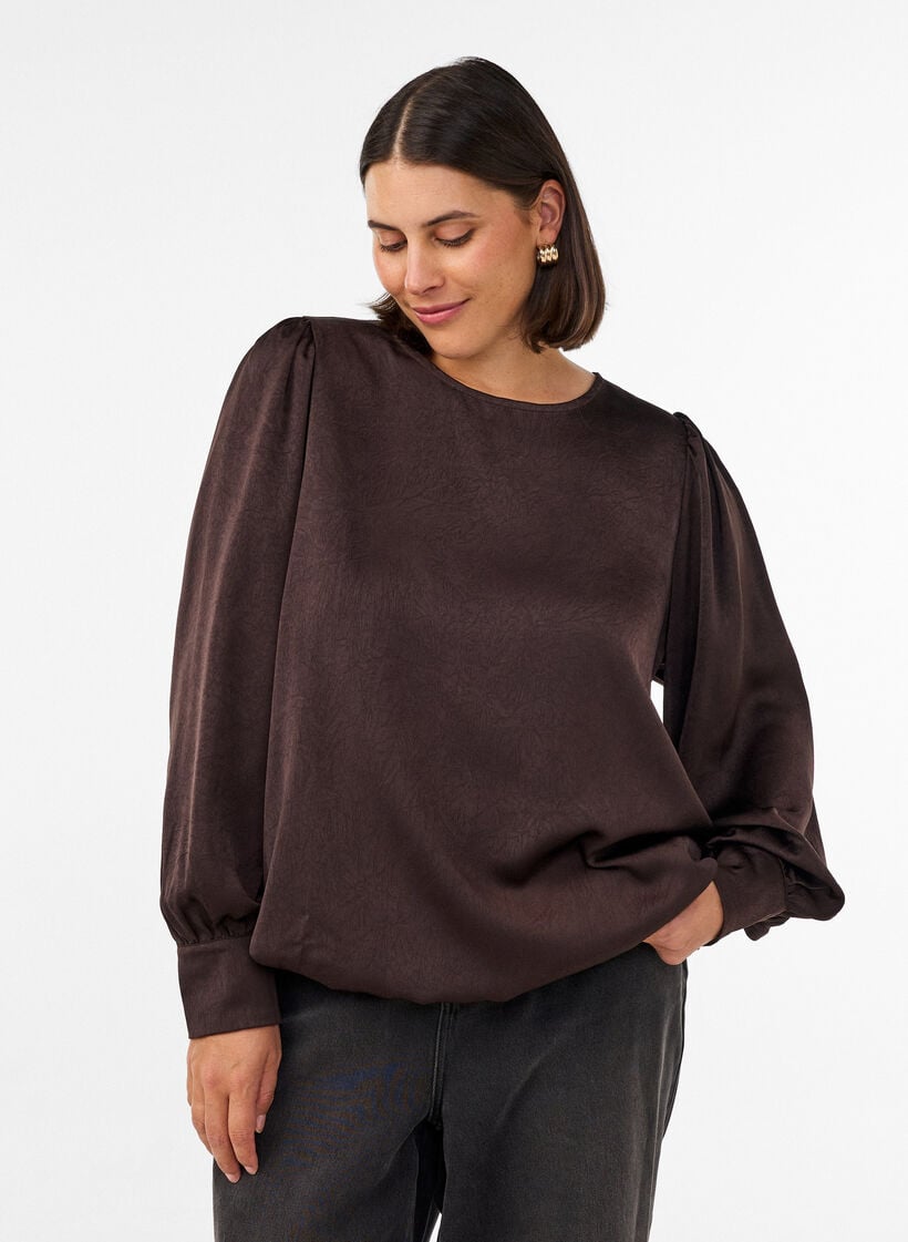 Blus i satinlook med ballongform, Brun, Model image number 0