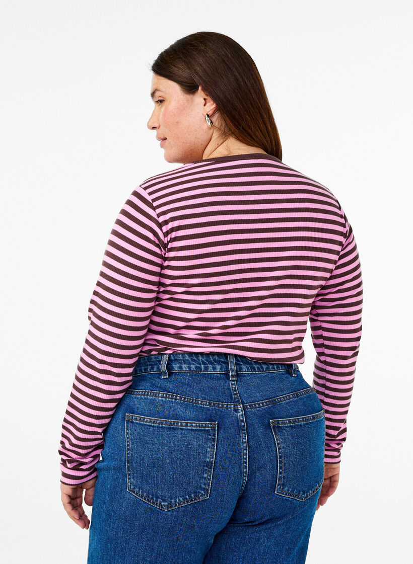 Randig blus med l&aring;nga &auml;rmar, Rosa, Model image number 2
