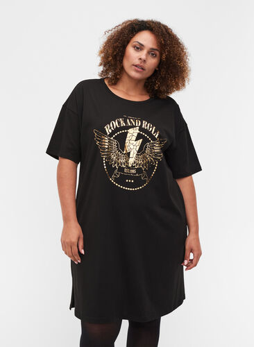 T-shirtklänning i bomull med mönster, Black w. Gold, Model image number 0
