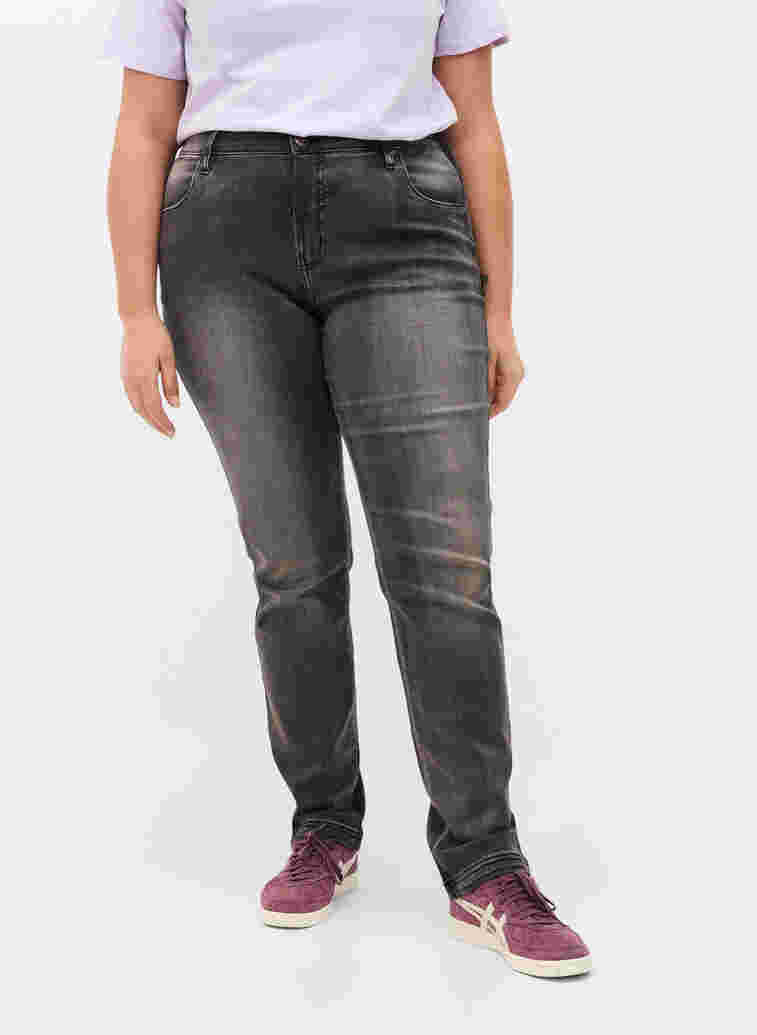 Slim fit Emily jeans med normalhög midja, Dark Grey Denim, Model image number 3